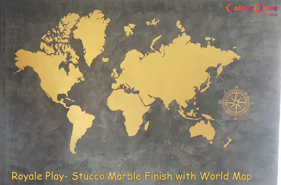 Royale Play Stucco Yellow,Gray Stucco World Map wall texture painting design for Creative Office Space