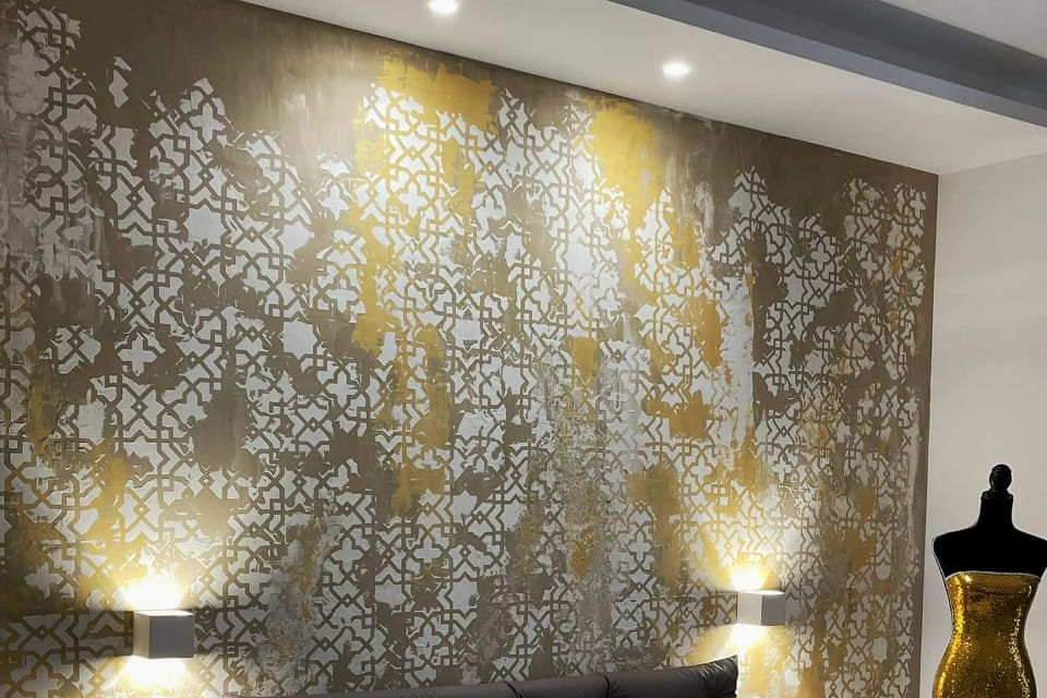 Asian Paints Calcecruda Yellow Calcecruda Moraccan Arabesque wall texture painting design for Kitchen Room,Master Bedroom,Pooja Room