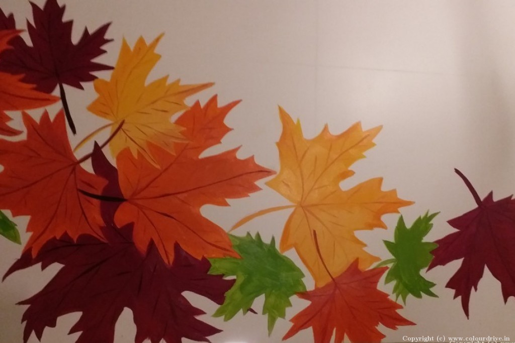 Drawing Room Wall Paint Fall Leaves Design Free Hand Paint Art For Guest Room