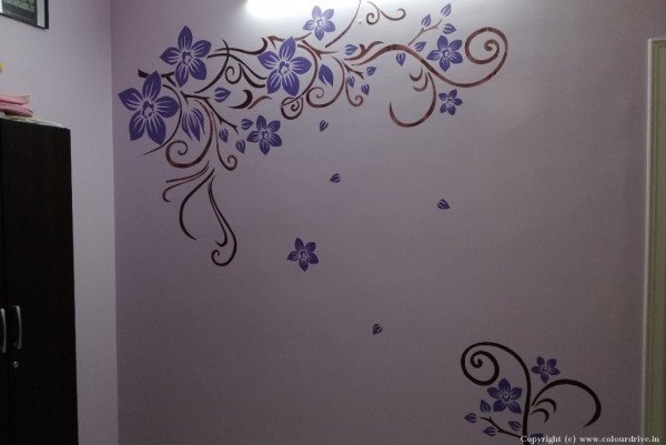 Drawing Room Wall Colour Flower With Branches Free Hand Paint Art For Bedroom
