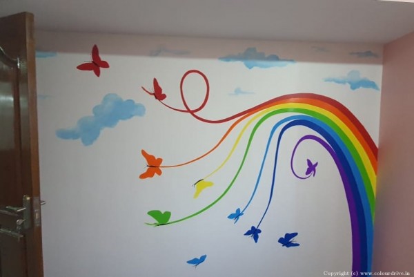 Wall Design Stencil Patterns Rainbow And Butterfly Stencil Painting For Guest Room