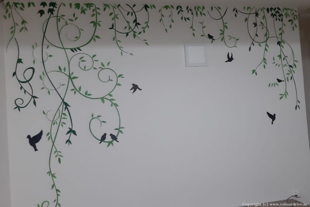 Stencil Design On Orange Wall Green Leaves Climbers Stencil Painting For Guest Bedroom