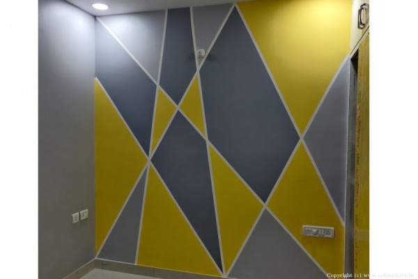 Stencil Design On Yellow Wall Geometric Stencil Painting For Kids Room