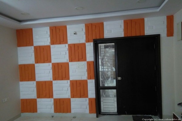 Texture Stone Wall Design White And Orange Combo Interior Painting For Living Room