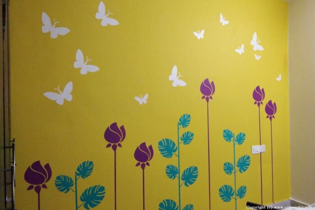 Stencil Wall Tensile Design Purple Flowers Stencil Painting For Bedroom