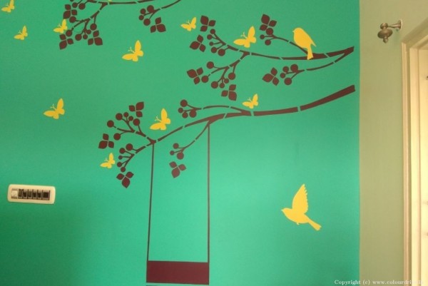 Stencil Designs For Wall Painting In India Jula With Green Base Stencil Painting For Living Room
