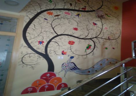 ColourDrive-Colourdrive Tree Design Dancing Peacock wall freeHandArt design painting for Kids Room