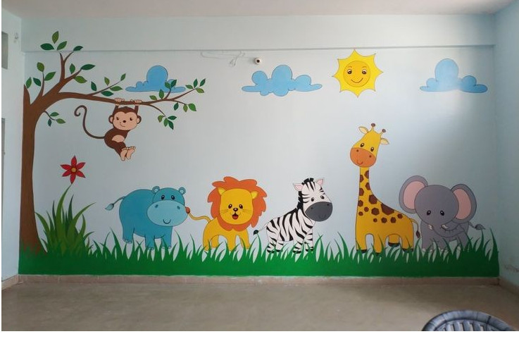 ColourDrive-ColourDrive Nature Design Tree With Animals 1 wall freeHandArt design painting for Kids Room,Kids Play School,Kids Play Area