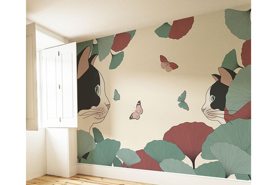 ColourDrive-ColourDrive Nature Design Leaves with Cat wall freeHandArt design painting for Kids Room,Kids Play School,Kids Play Area