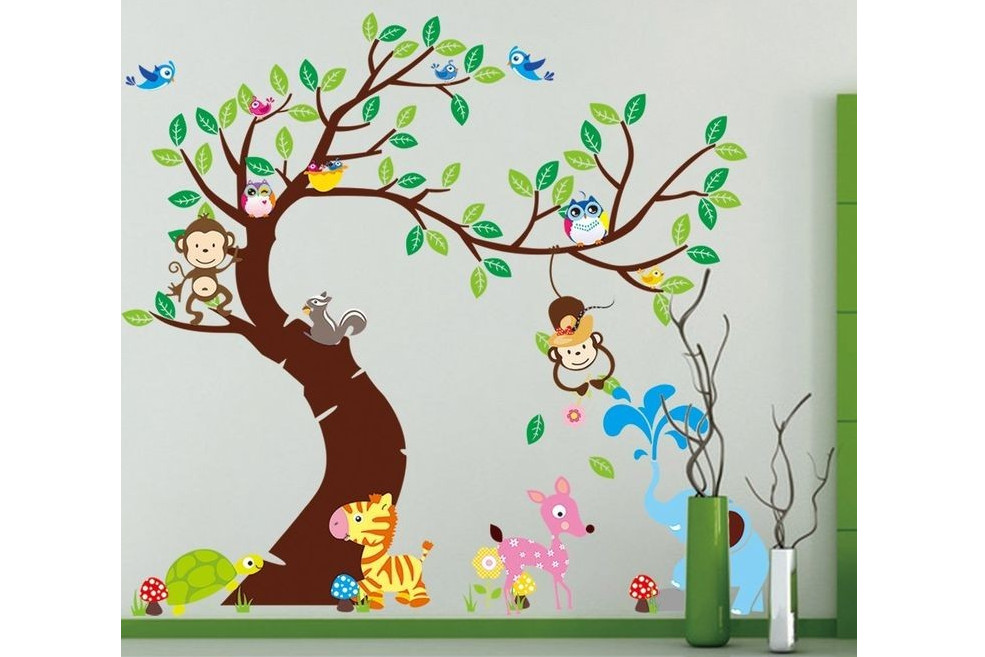 ColourDrive-ColourDrive Tree Design Tree With Animals 2 wall freeHandArt design painting for Kids Room,Kids Play School,Kids Play Area