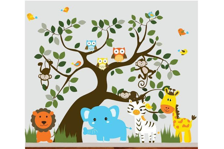 ColourDrive-ColourDrive Tree Design Tree With Animals wall freeHandArt design painting for Kids Room,Kids Play School,Kids Play Area