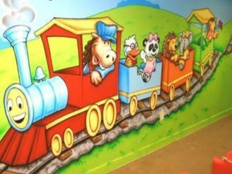ColourDrive-Acrylic Paint Play School Wall Painting Animal Train wall kidsRoomDecor design painting for Kids Room,Kids Play School