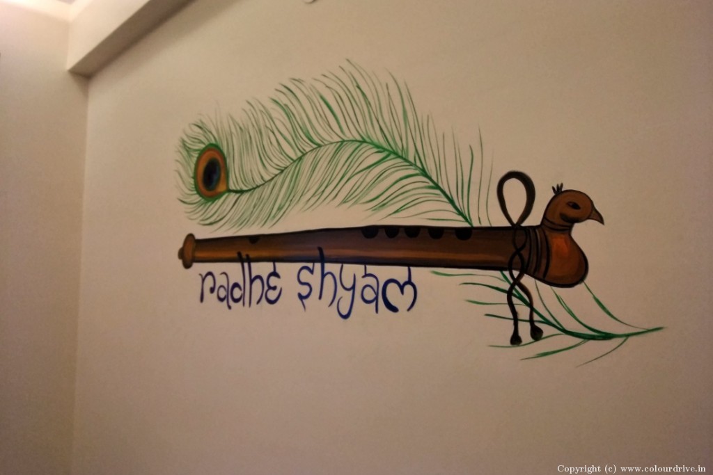 Home Wall Painting Flute With Feather Design Free Hand Paint Art for Pooja Room