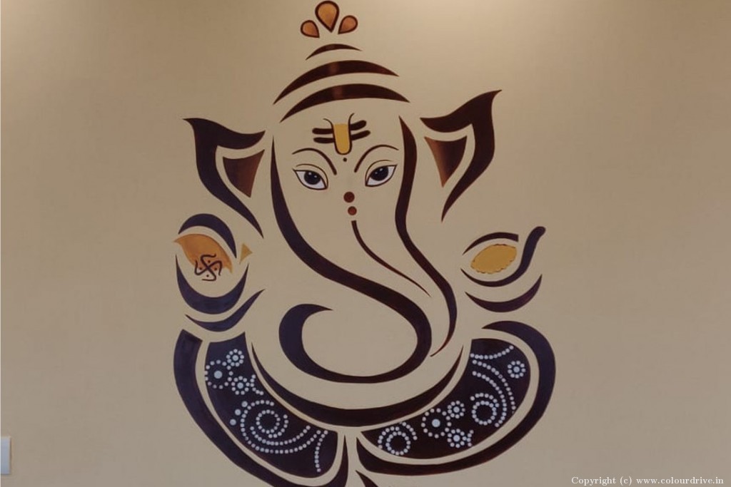Home Wall Paint Design Ganesha Free Hand Paint Art for Pooja Room