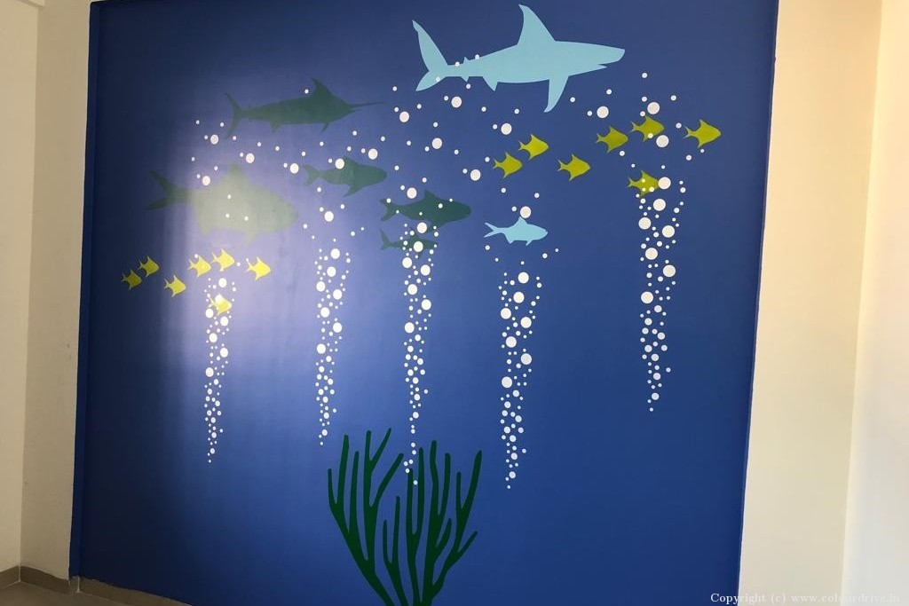 Simple Wall Painting Designs Fish Acquarium Free Hand Paint Art for Dining Room