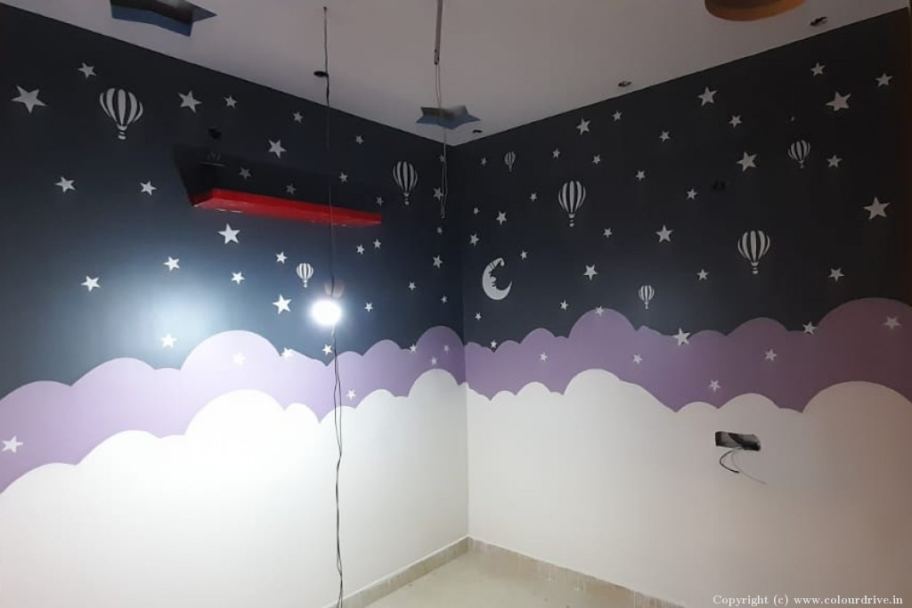 Simple Wall Stencil Design Cloud And Prarachute Stencil Painting for Guest Room