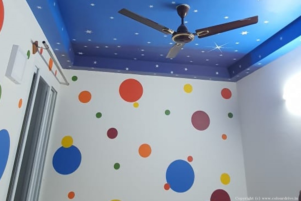 Stencil Design On Red Wall Colourful Circles Stencil Painting for Living Room