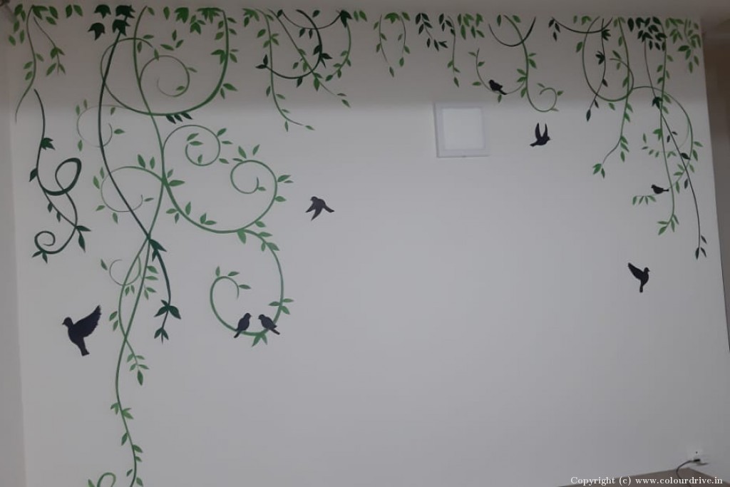 Stencil Design On Orange Wall Green Leaves Climbers Stencil Painting for Guest Bedroom