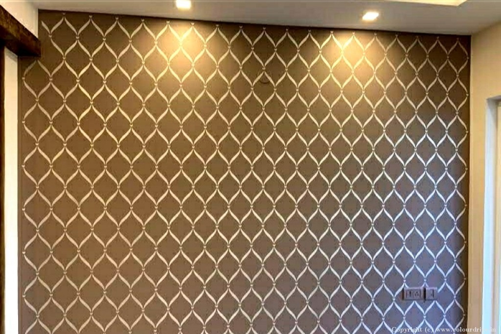 Stencil Design On Green Wall Silver Metallic Stencil Painting for Living Room