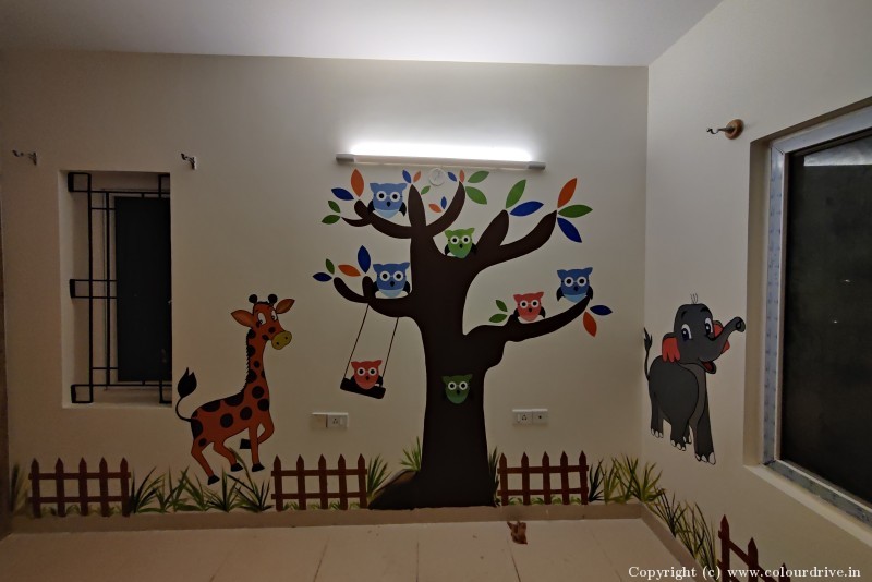 Free Hand Wall  Designs Tree With Animals Free Hand Paint Art for Kids Room