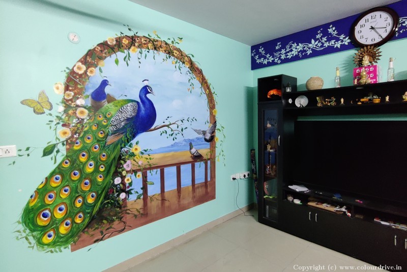 Free Hand Wall Painting Designs Peacock And Pigeon Design Free Hand Paint Art for Living Room