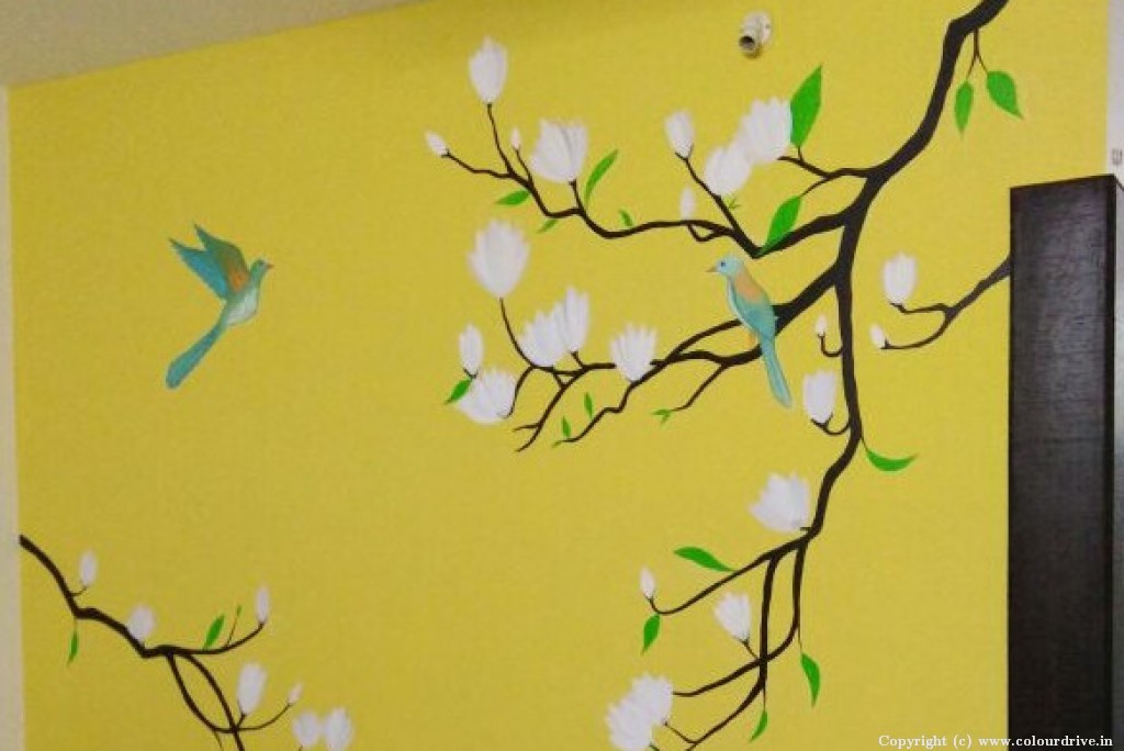 Stencil Wall Design Ideas White Flowers Stencil Painting for Living Room